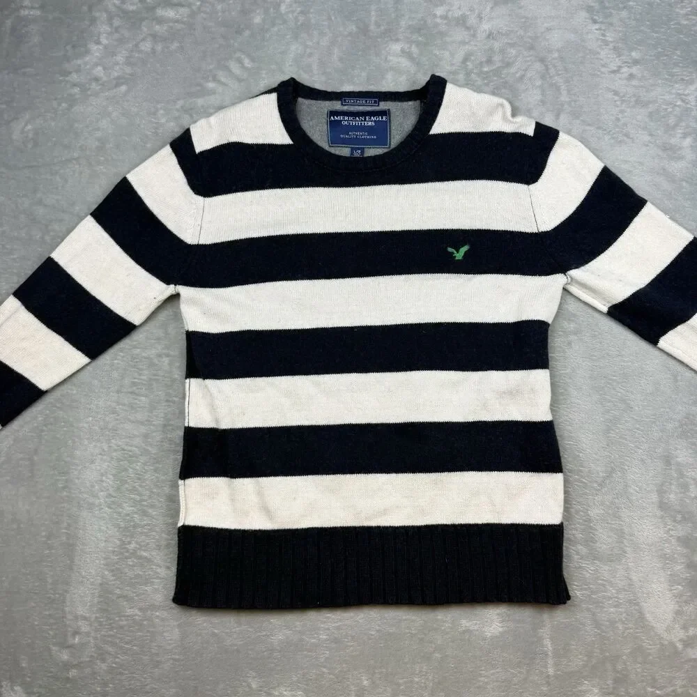 American Eagle Outfitters Vintage Fit Sweater Mens L Navy White Striped Wool